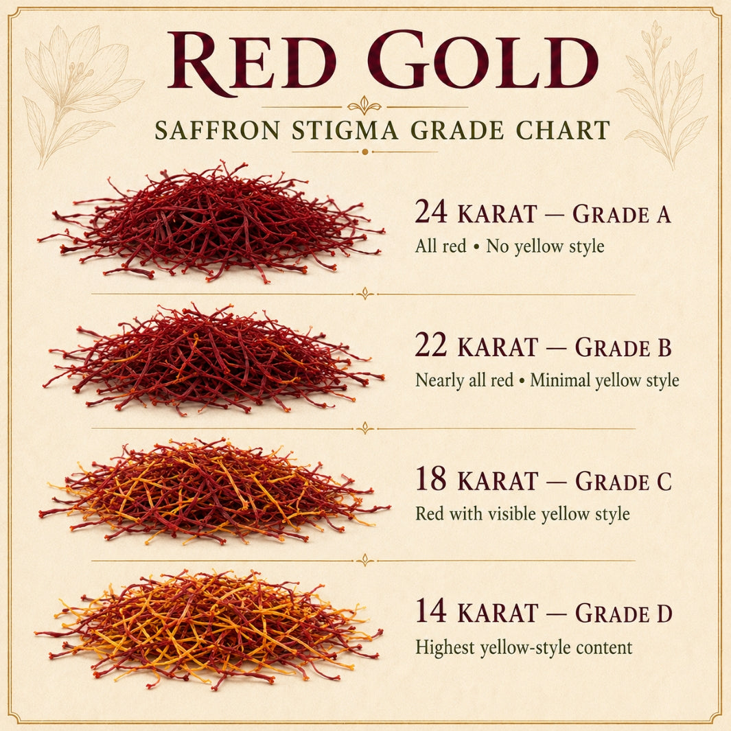 Spice Craze® Saffron Stigma Grade Chart showing Grades of Saffron between 14 Karat (Grade D) up to 24 Karat (Grade A)
