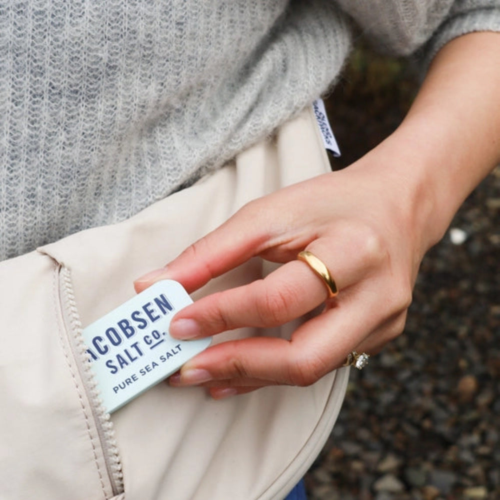 Putting a Kosher Sea Salt Slide Tin into a Purse | Jacobsen Salt Co. | Specialty Salts @ Spice Craze®