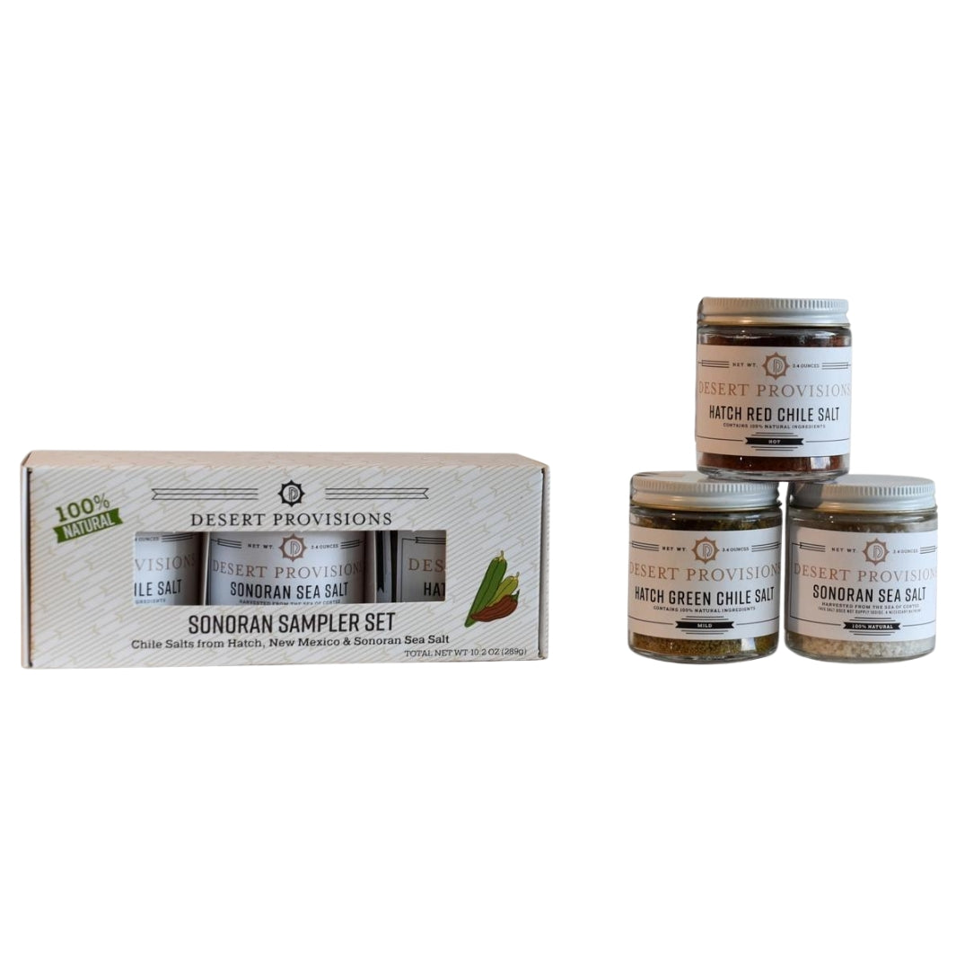 Sonoran Sampler Gift Set, including Jars of Sonoran Sea Salt, Hatch Green Chile Salt, and Hatch Red Chile Salt | Desert Provisions @ Spice Craze®