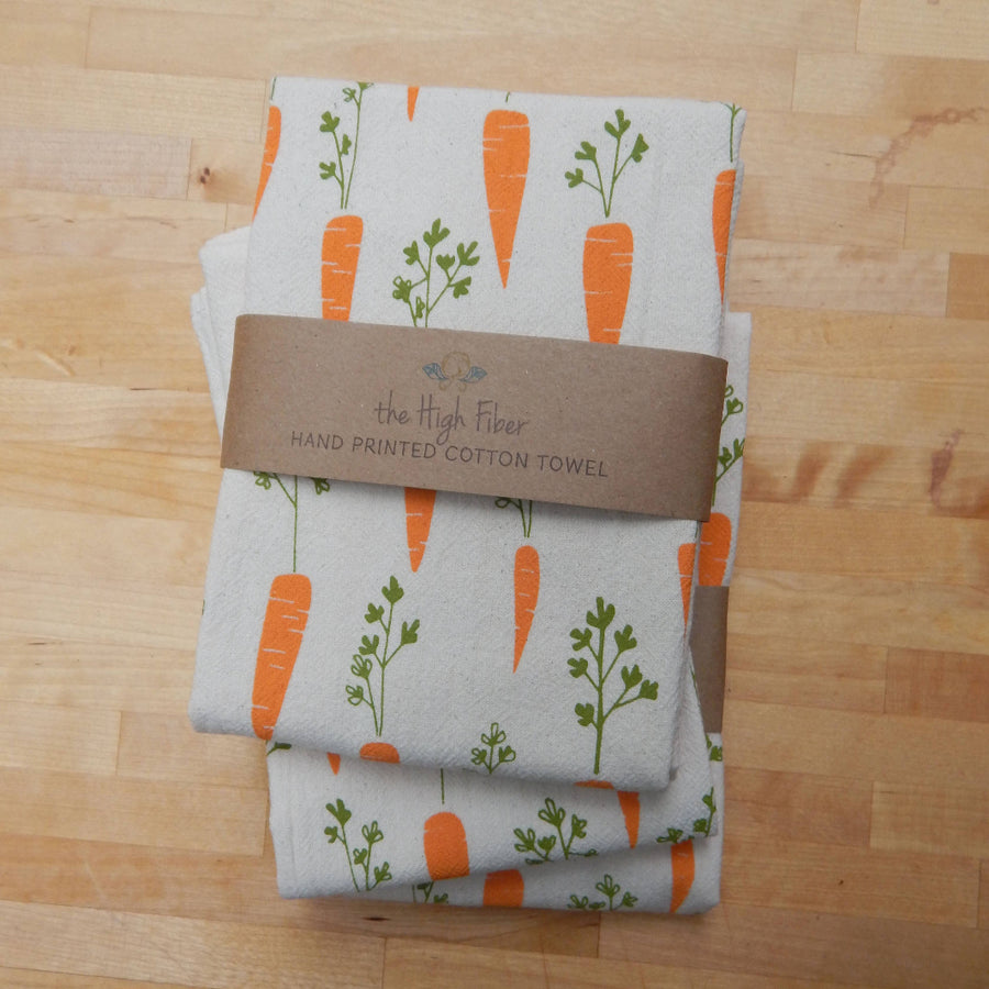 Handprinted Carrot Tea Towel | The High Fiber | Aprons & Linens @ Spice Craze®