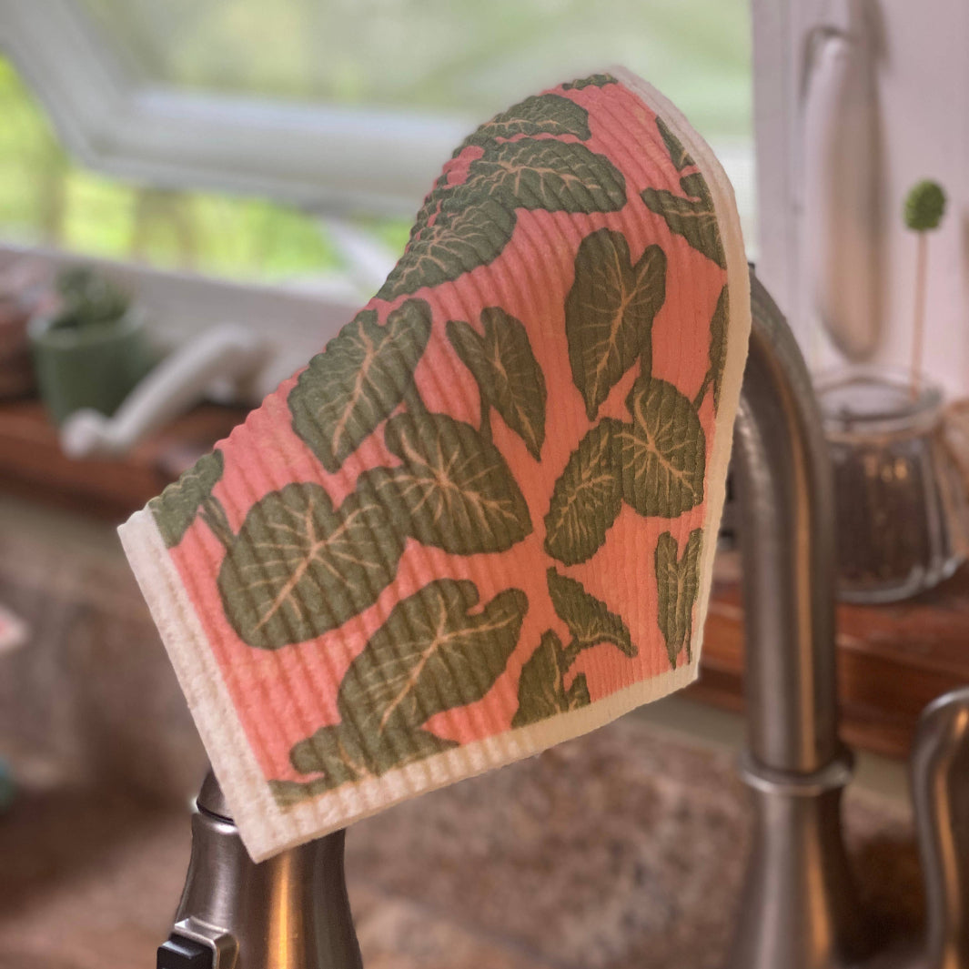 Kalo Print Swedish Dish Cloth Drying on a Kitchen Sink Faucet | Aprons & Linens @ Spice Craze®