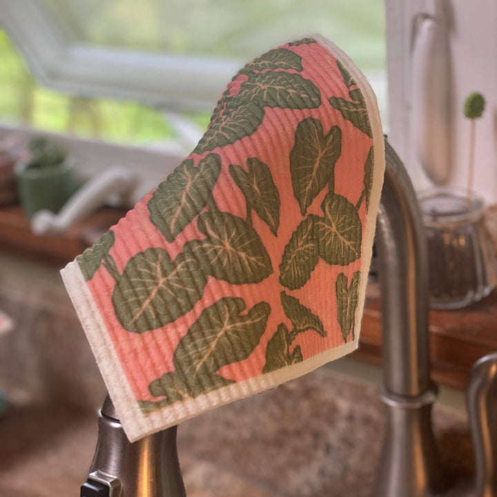 Kalo Print Swedish Dish Cloth Drying on a Kitchen Sink Faucet | Aprons & Linens @ Spice Craze®