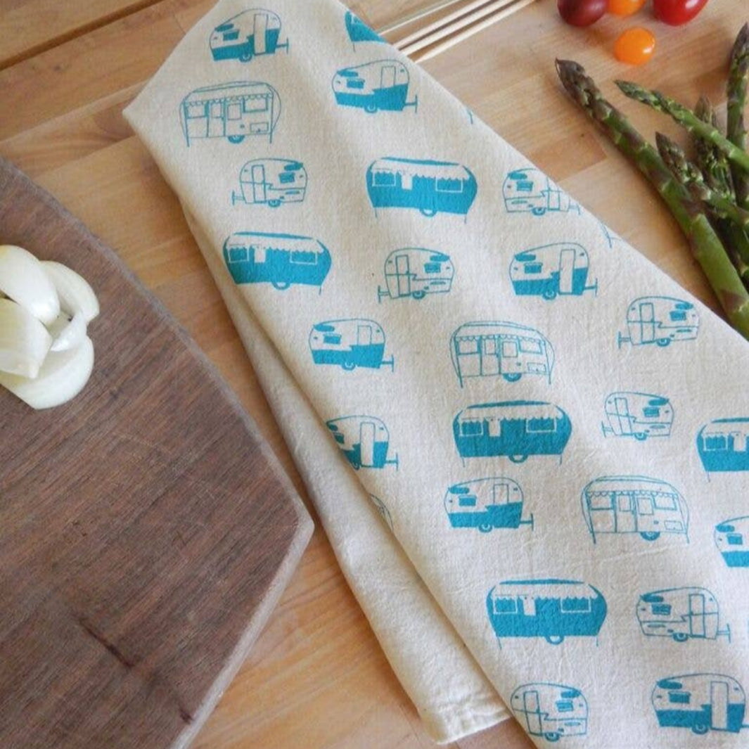 Turquoise, Handprinted Vintage Campers Tea Towel | The High Fiber | Aprons & Linens @ Spice Craze®