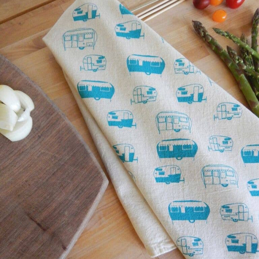 Turquoise, Handprinted Vintage Campers Tea Towel | The High Fiber | Aprons & Linens @ Spice Craze®