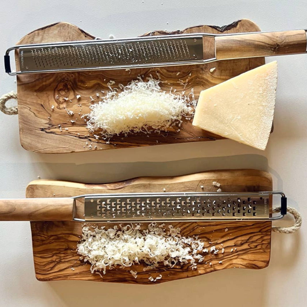 Fine Grade and Coarse Grade Italian Stainless Steel and Olivewood Mandolin Paddle Graters | Verve Culture® | Stripping & Zesting @ Spice Craze®