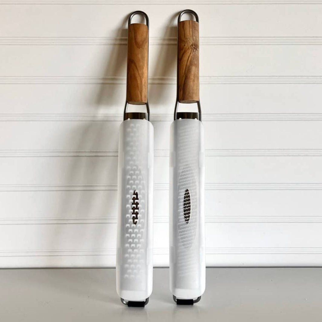 Fine Grade and Coarse Grade Italian Stainless Steel and Olivewood Mandolin Paddle Graters with Safety Covers | Verve Culture® | Stripping & Zesting @ Spice Craze®