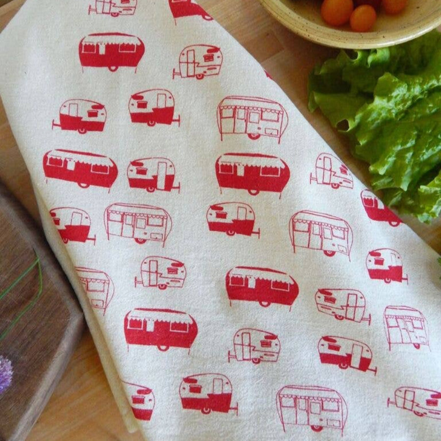 Red, Handprinted Vintage Campers Tea Towel | The High Fiber | Aprons & Linens @ Spice Craze®
