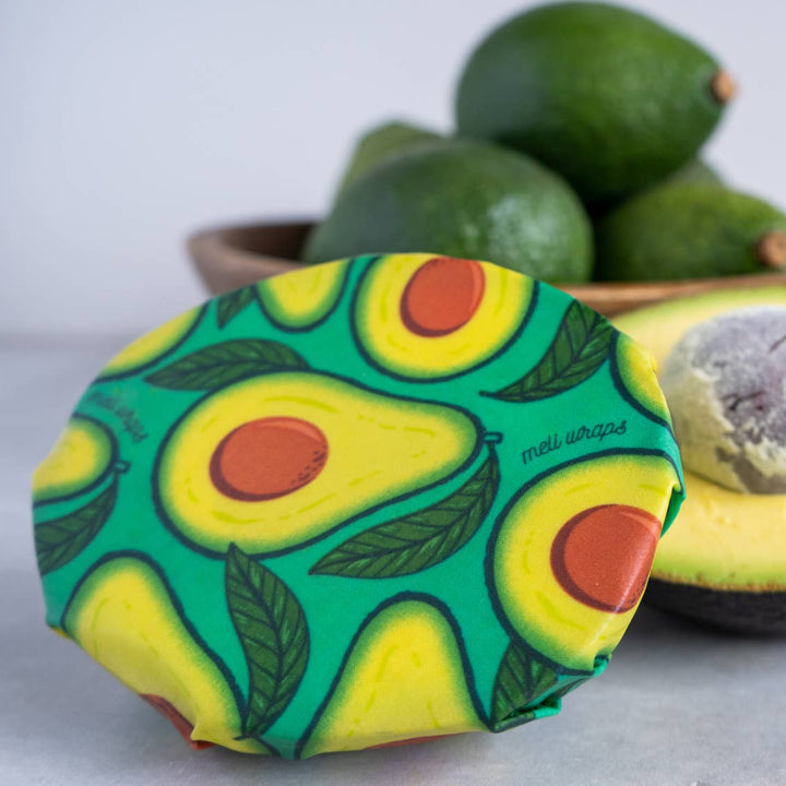 Small Avocado Print Beeswax Wrap Covering Half an Avocado | Meli Wraps® | Keeping It Pretty @ Spice Craze®