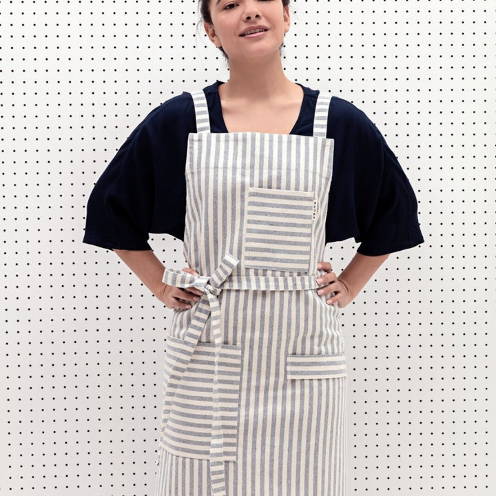 Upcycled Striped Cross-Back Bib Apron | MEEMA | Aprons & Linens @ Spice Craze®