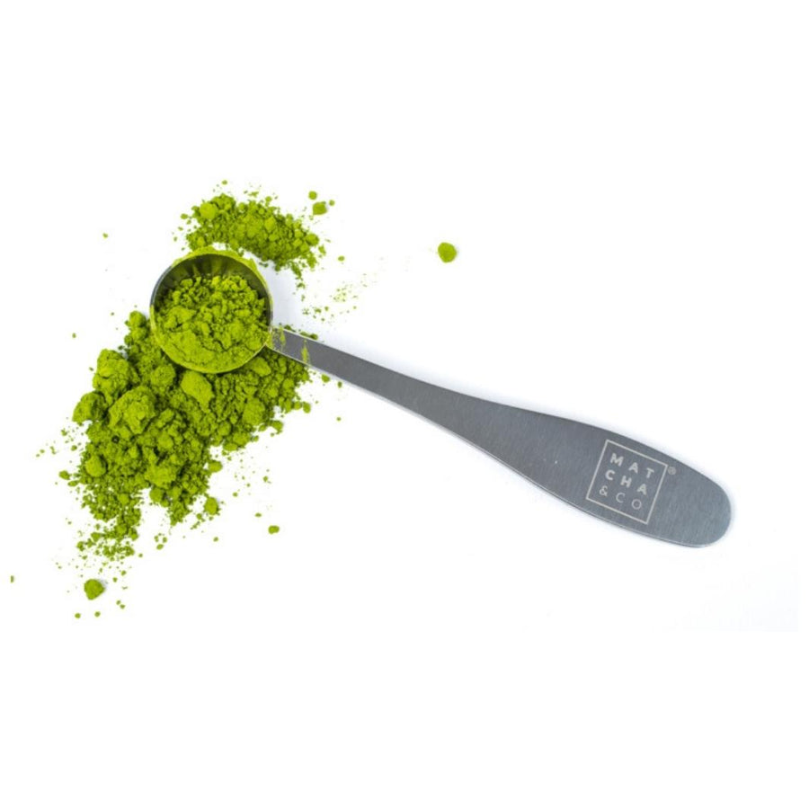 18/10 Stainless Steel Matcha Measuring Spoon with Green Matcha Spilling Out of It | Matcha & CO® | Measuring & Mixing @ Spice Craze®