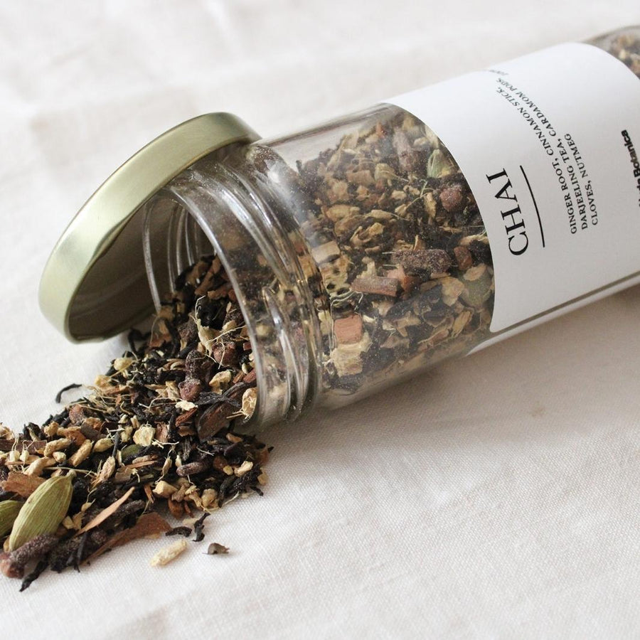 Chai - Organic Loose Leaf Tea Spilling Out of Its Reusable Jar | Nuda Botanica | Matcha, Chai, & Teas @ Spice Craze®