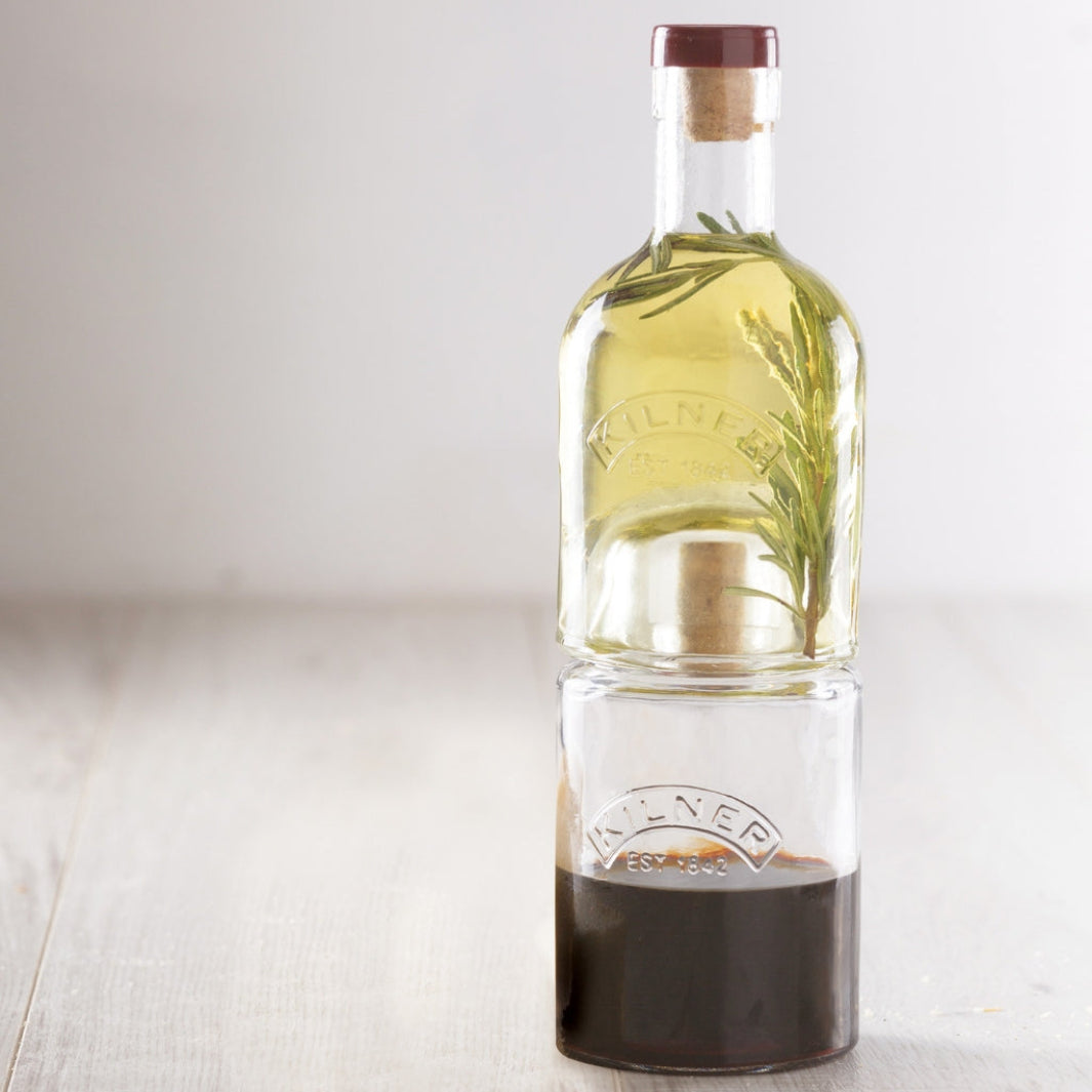 Stackable Bottle Set - Two Glass Bottles with Cork Lids and Oil and Vinegar in Them | Kilner® by The Rayware Group | Keeping It Pretty @ Spice Craze®